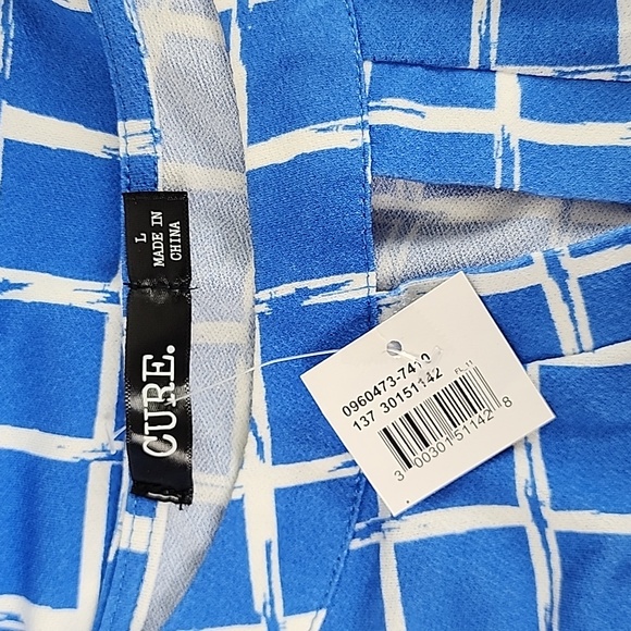 Cure bright blue white windowpane blouse split v cuffed sleeve Size Large NEW - Picture 6 of 9